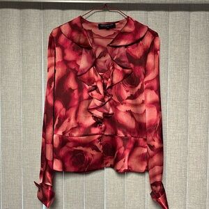 Jones New York Signature Red & Pink Blouse Small Cuffed Sleeves